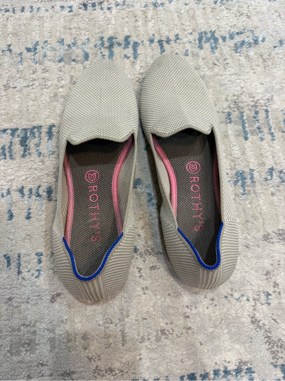 Rothy's Light Beige Knit Flats with Pink and Blue Trim